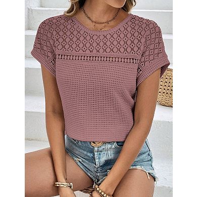Women's Waffle Knit Raglan Mesh Hollow Out Short Sleeve T-Shirt Top