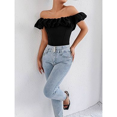Women's Flounce Sleeve Elegant Off Shoulder Ruffle Trim Crop Tee Casual Tee Shirt Tops