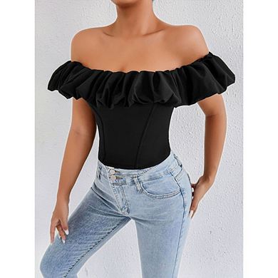 Women's Flounce Sleeve Elegant Off Shoulder Ruffle Trim Crop Tee Casual Tee Shirt Tops