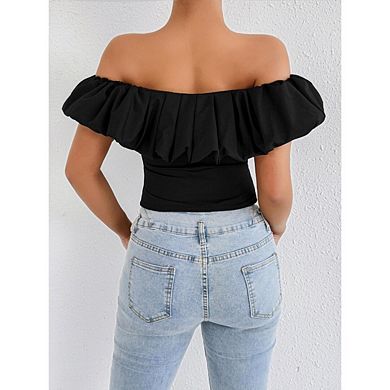 Women's Flounce Sleeve Elegant Off Shoulder Ruffle Trim Crop Tee Casual Tee Shirt Tops
