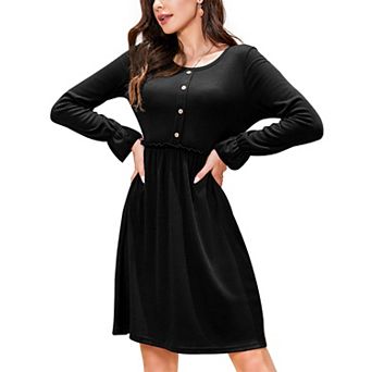 Women's Round Neck Long Sleeve Button Front Pocketed Casual Dress
