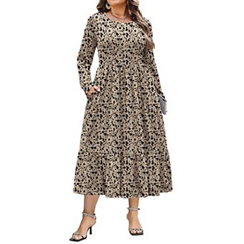 Zeagoo Plus Size Womens Floral Print Boho Dress Long Sleeve Crew Neck A-Line Flowy Maxi Dresses