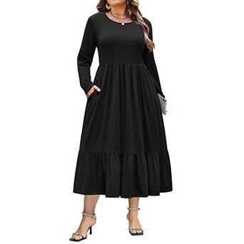 Zeagoo Plus Size Womens Floral Print Boho Dress Long Sleeve Crew Neck A-Line Flowy Maxi Dresses