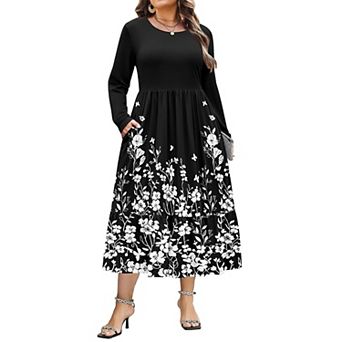 Zeagoo Plus Size Womens Floral Print Boho Dress Long Sleeve Crew Neck A-Line Flowy Maxi Dresses