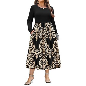 Zeagoo Plus Size Womens Floral Print Boho Dress Long Sleeve Crew Neck A-Line Flowy Maxi Dresses