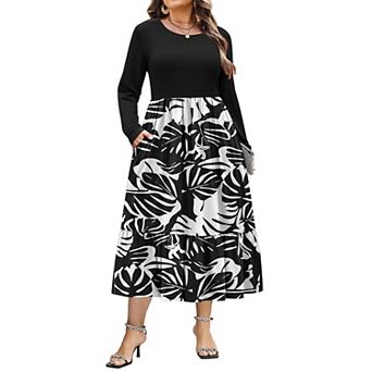 Zeagoo Plus Size Womens Floral Print Boho Dress Long Sleeve Crew Neck A-Line Flowy Maxi Dresses