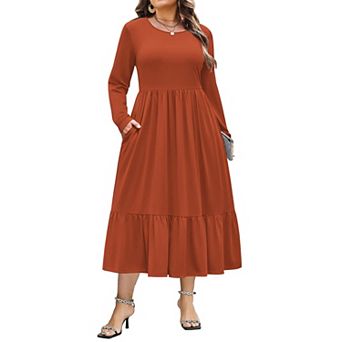 Zeagoo Plus Size Womens Floral Print Boho Dress Long Sleeve Crew Neck A-Line Flowy Maxi Dresses