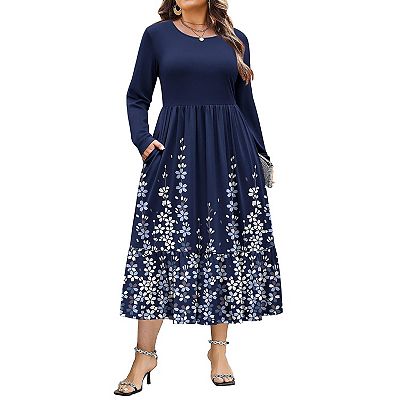Zeagoo Plus Size Womens Floral Print Boho Dress Long Sleeve Crew Neck  A-Line Flowy Maxi Dresses