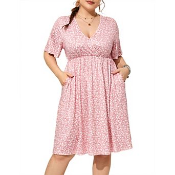 Women's Plus Size Wrap V-Neck Dress Short Flutter Sleeve A-Line Casual Dress