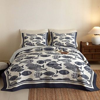Marcielo 3 pc Cotton Nautical Fish Print Quilt Bedspread Set Coastal Blue & White