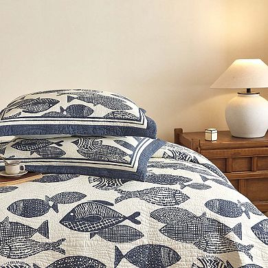 Marcielo 3Pcs Cotton Nautical Fish Print Quilt Bedspread Set Coastal Blue & White