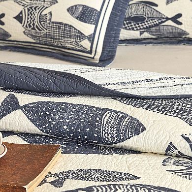 Marcielo 3Pcs Cotton Nautical Fish Print Quilt Bedspread Set Coastal Blue & White