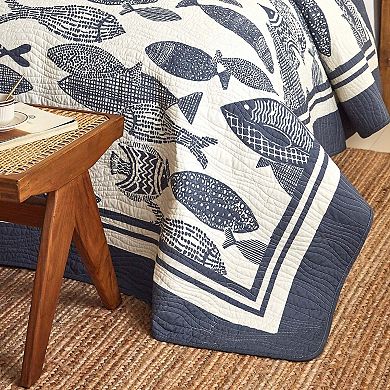 Marcielo 3Pcs Cotton Nautical Fish Print Quilt Bedspread Set Coastal Blue & White