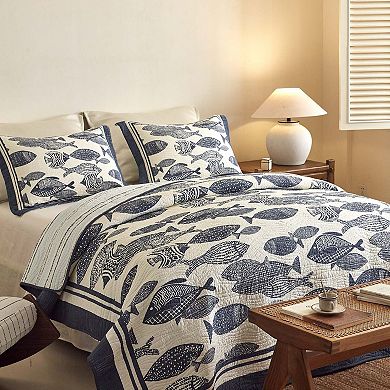 Marcielo 3Pcs Cotton Nautical Fish Print Quilt Bedspread Set Coastal Blue & White