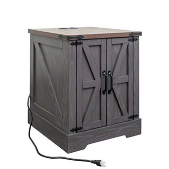 KWPZQEB Rustic Wood End Table with Charging Station & 2 Barn Doors for Living Room