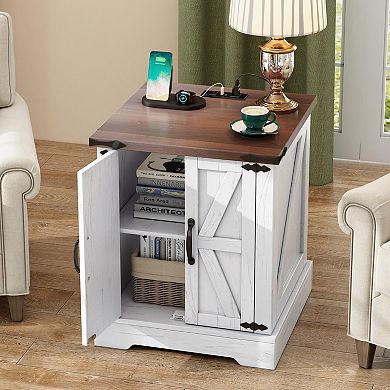 KWPZQEB Rustic Wood End Table with Charging Station & 2 Barn Doors for Living Room