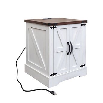 KWPZQEB Rustic Wood End Table with Charging Station & 2 Barn Doors for Living Room