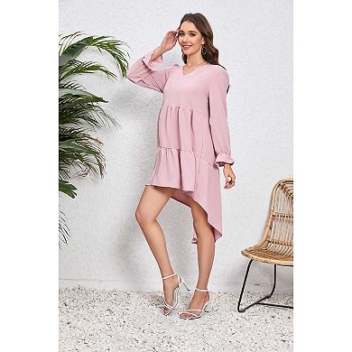 Women's Maternity Dress V Neck Puff Sleeve Asymmetrical Peplum Long Tunic Dresses