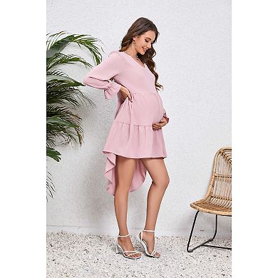Women's Maternity Dress V Neck Puff Sleeve Asymmetrical Peplum Long Tunic Dresses