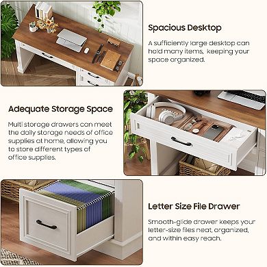 Vabches 47" Farmhouse Executive Desk with File Drawer, Home Office Computer Writing Desk