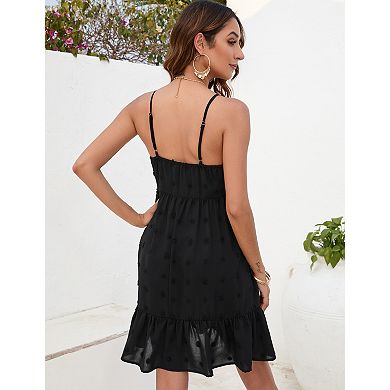Women's V-Neck Mini Dress Spaghetti Strap Swiss Dot Tiered Ruffle Dress with Button Front
