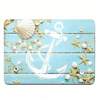 Blue Wood Anchor Shell Floor Mat, Non-Slip Nautical Themed Entry Rug
