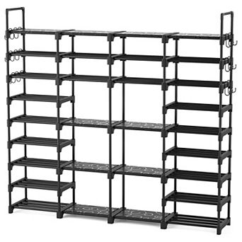 9 tier Shoe Rack Organizer 66 x 12 x 60 Inch Holds 68 Pairs with 18 Removable Hooks Black