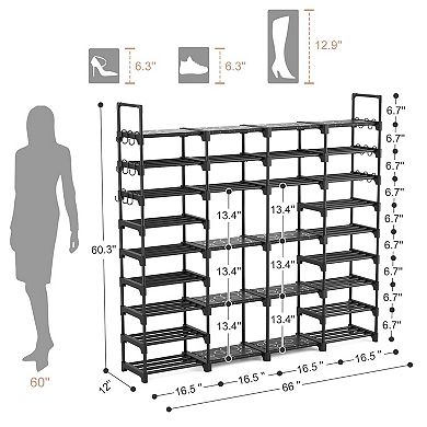 9 Tier Shoe Rack Organizer 66 x 12 x 60 Inch Holds 68 Pairs with 18 Removable Hooks Black