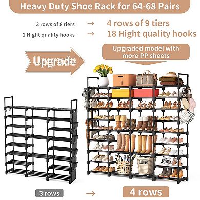9 Tier Shoe Rack Organizer 66 x 12 x 60 Inch Holds 68 Pairs with 18 Removable Hooks Black