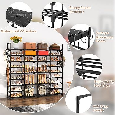 9 Tier Shoe Rack Organizer 66 x 12 x 60 Inch Holds 68 Pairs with 18 Removable Hooks Black