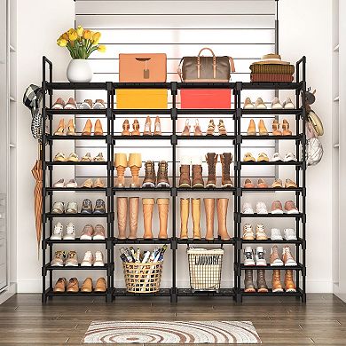 9 Tier Shoe Rack Organizer 66 x 12 x 60 Inch Holds 68 Pairs with 18 Removable Hooks Black
