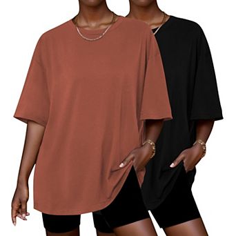 Ekouaer 2 Pack Womens Tops Short Sleeve Oversized T Shirts Summer Spring Tops Basic Casual Tee Top