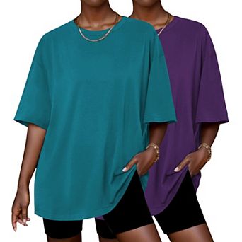 Ekouaer 2 Pack Womens Tops Short Sleeve Oversized T Shirts Summer Spring Tops Basic Casual Tee Top
