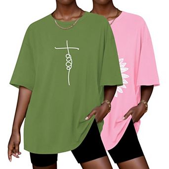 Ekouaer 2 Pack Womens Tops Short Sleeve Oversized T Shirts Summer Spring Tops Basic Casual Tee Top