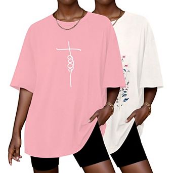 Ekouaer 2 Pack Womens Tops Short Sleeve Oversized T Shirts Summer Spring Tops Basic Casual Tee Top