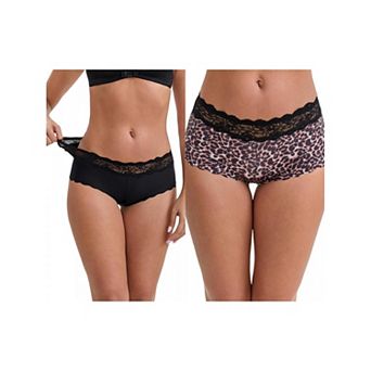 2 Packs Women's Ice Silk Lace Trim Mid-Waisted Boyshorts Hip-Lifting Full Coverage No Trace Panties