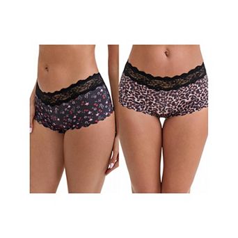 2 Packs Women's Ice Silk Lace Trim Mid-Waisted Boyshorts Hip-Lifting Full Coverage No Trace Panties