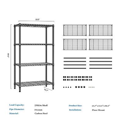 4 Tier Metal Storage Shelf Adjustable Wire Rack Black 15.7 D x 33.5 W x 59.5 H 1 Piece