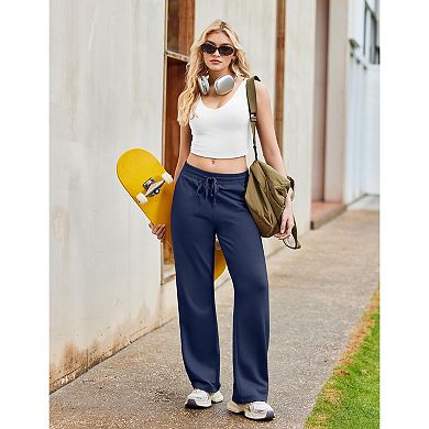 PINSPARK Women's High Waisted Wide Leg Sweatpants Baggy Drawstring Athletic Pants with 2 Pockets
