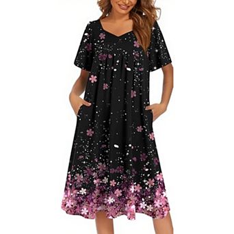 Ekouaer Women's Nightgown Pleated House nightgown Short Sleeve Moomoo With Pockets