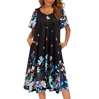 Ekouaer Women's Nightgown Pleated House nightgown Short Sleeve Moomoo With Pockets