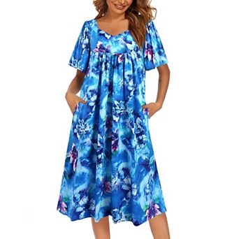 Ekouaer Women's Nightgown Pleated House nightgown Short Sleeve Moomoo With Pockets