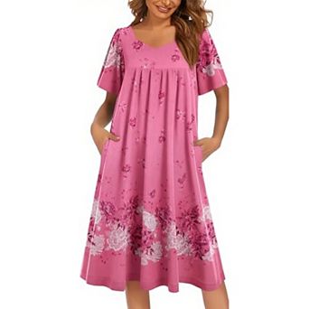 Ekouaer Women's Nightgown Pleated House nightgown Short Sleeve Moomoo With Pockets