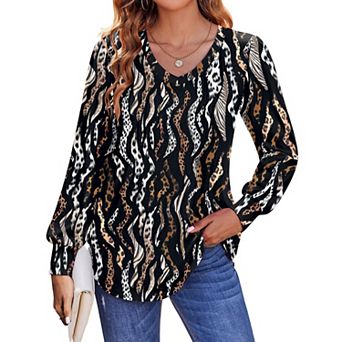 Zeagoo Women's Boho Floral Puff Long Sleeve Shirts, Babydoll V Neck Work Tunic Tops
