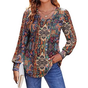 Zeagoo Women's Boho Floral Puff Long Sleeve Shirts, Babydoll V Neck Work Tunic Tops