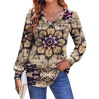 Zeagoo Women's Boho Floral Puff Long Sleeve Shirts, Babydoll V Neck Work Tunic Tops