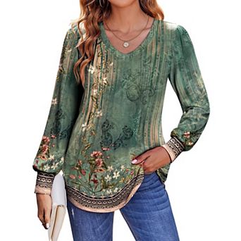 Zeagoo Women's Boho Floral Puff Long Sleeve Shirts, Babydoll V Neck Work Tunic Tops