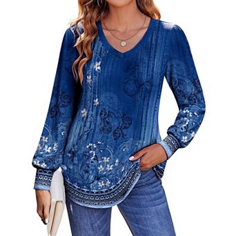 Zeagoo Women's Boho Floral Puff Long Sleeve Shirts, Babydoll V Neck Work Tunic Tops