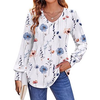 Zeagoo Women's Boho Floral Puff Long Sleeve Shirts, Babydoll V Neck Work Tunic Tops