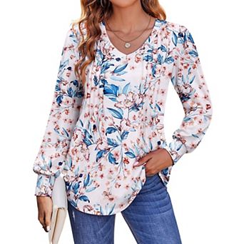 Zeagoo Women's Boho Floral Puff Long Sleeve Shirts, Babydoll V Neck Work Tunic Tops